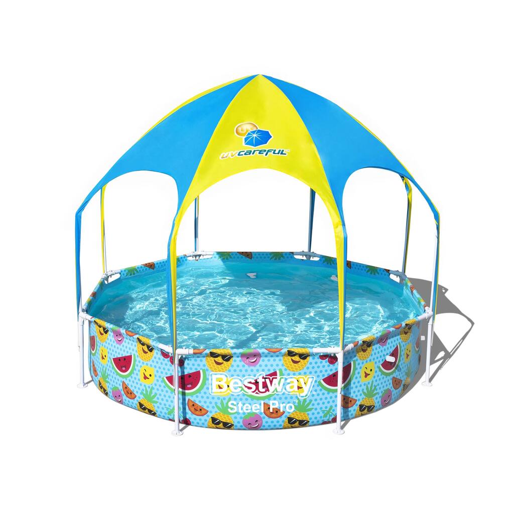 Bestway 8' x 20" Above Ground Kids Round Swimming Pool with Shaded Canopy, Fruit - 49
