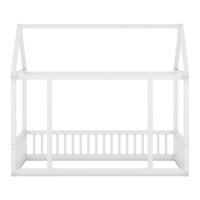 Floor Wooden Bed with House Roof Frame and Safety Guardrails