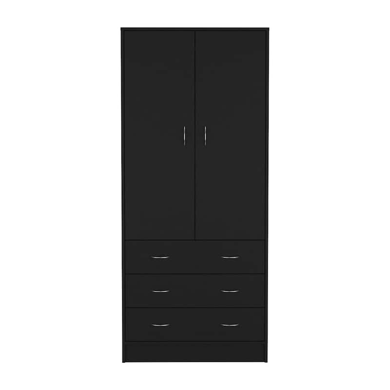 19" Modern Double-door Armoire with 3 Drawers and 1 Hanging Rod for Bedroom