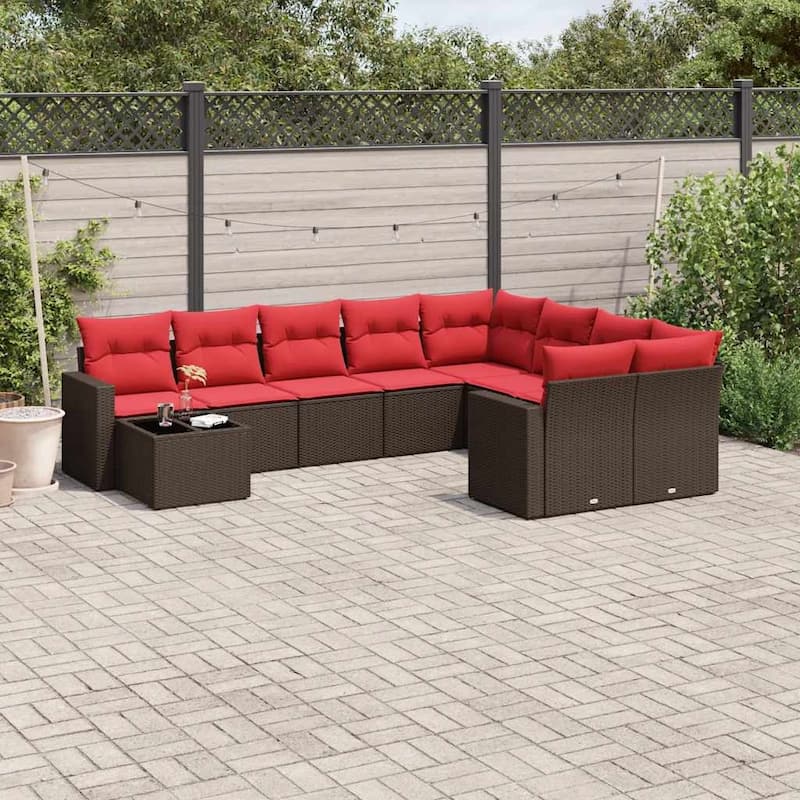 vidaXL 10 Piece Patio Sofa Set with Cushions Poly Rattan (US only) - Brown - 21.7x14.6x21.7