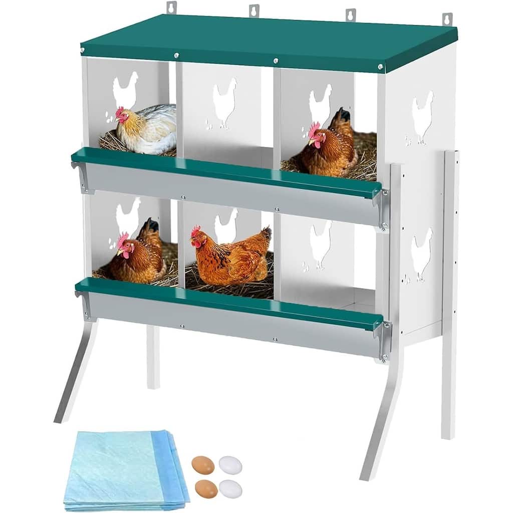 Metal Chicken Nesting Boxes for Hens with 4 Fake Eggs, 10 Soft Nest Pads, Legs - Green
