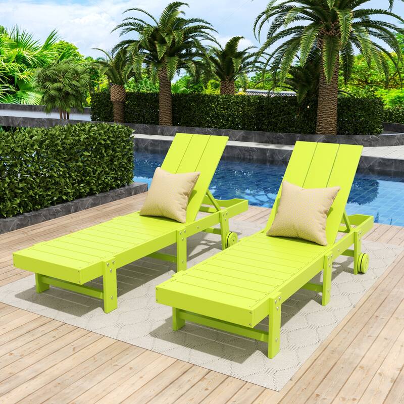 Shoreside Modern Poly Eco-Friendly All Weather Reclining Chaise Lounge With Wheels (Set Of 2) - Lime