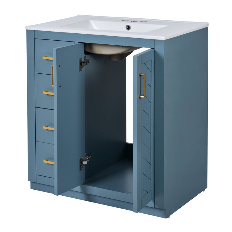 30" Modern Bathroom Vanity Combo with Ceramic Sink, Solid Wood Frame, 3 Drawers, Storage Cabinet