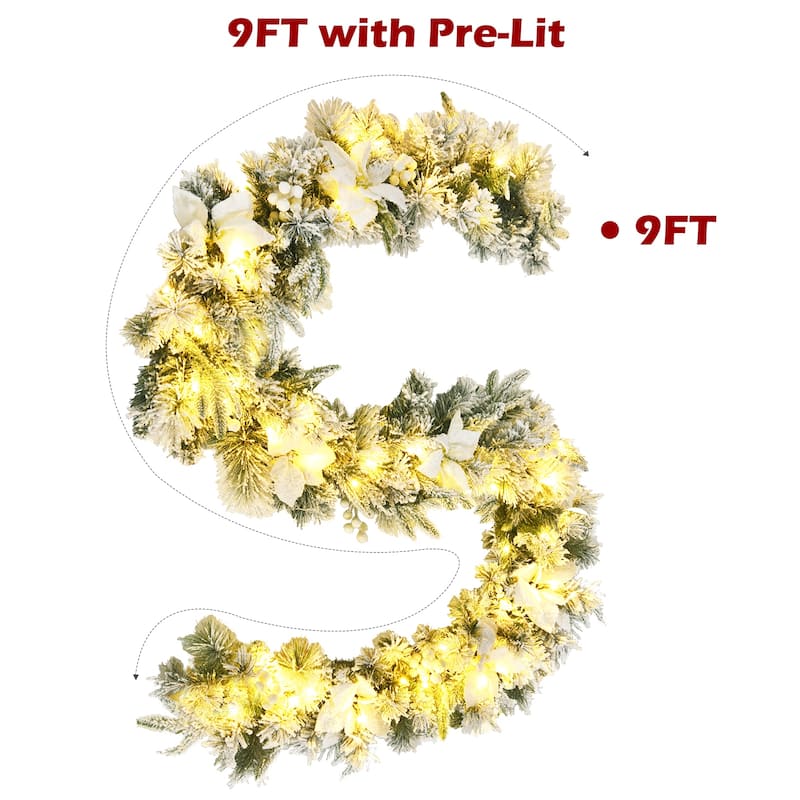 Costway 9ft Pre-lit Snowy Christmas Garland w/ Berries Poinsettia - See Details