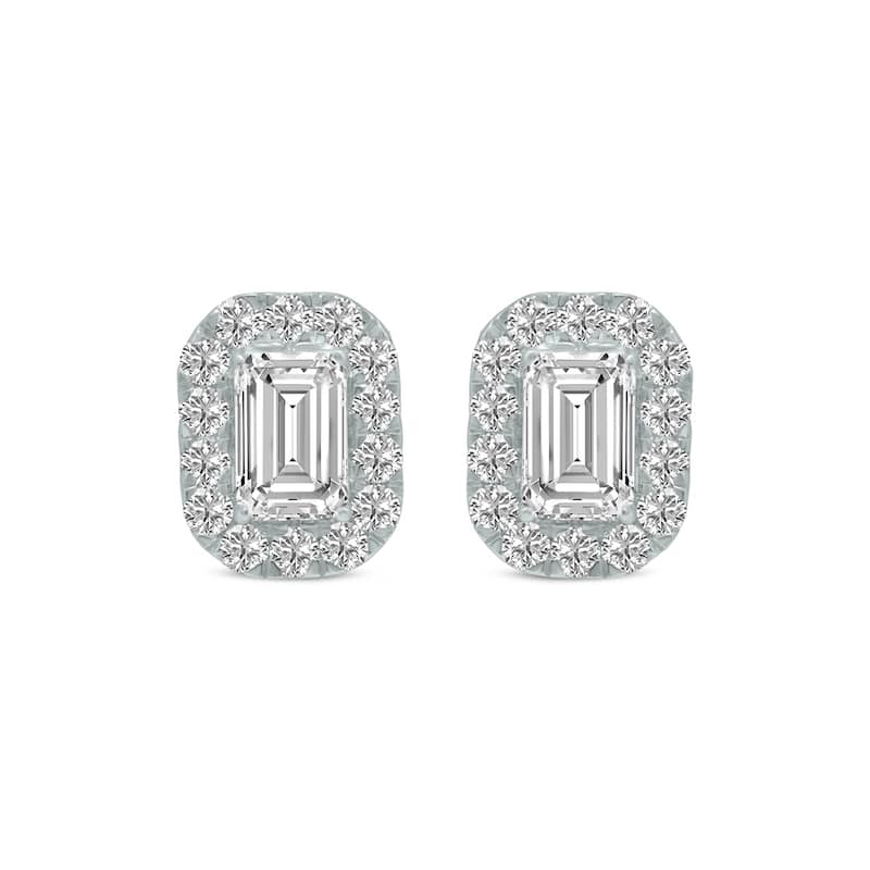 Marquee 1 Carat TW Emerald Cut Lab Grown Diamond Halo Earrings in 14K White Gold
