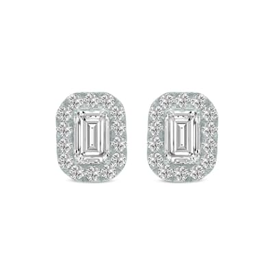 Marquee 1 Carat TW Emerald Cut Lab Grown Diamond Halo Earrings in 14K White Gold