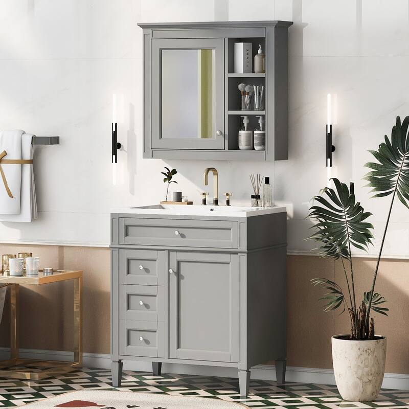 Plywood Freestanding Bathroom Vanity Set in Maple with Mirror Cabinet - 30" x 18"