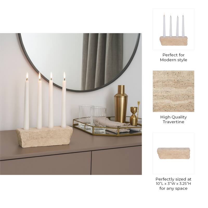 Tan 10 in. Travertine Modern Live Edge 4-Taper Candle Holder - 10.0"