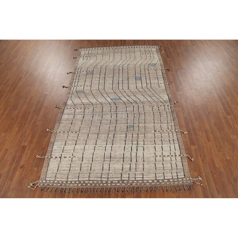 Beige Moroccan Striped Rug Hand-Knotted Wool Carpet - 5'8"x 9'11"
