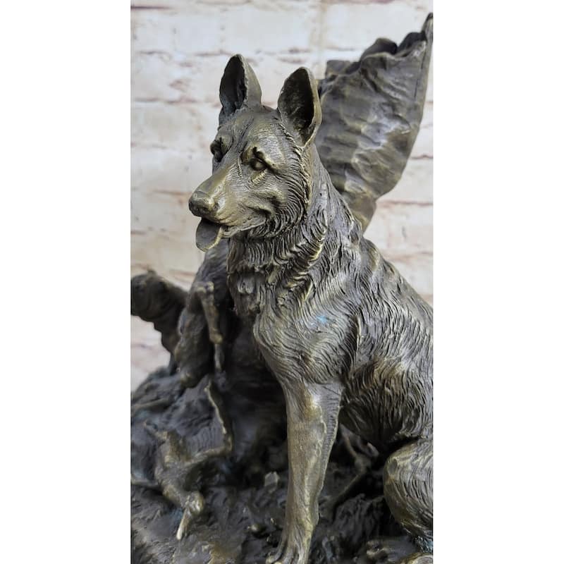 Hunting Dogs English Bulldog Shepherd Bronze Sculpture Figurine Marble Base Deco