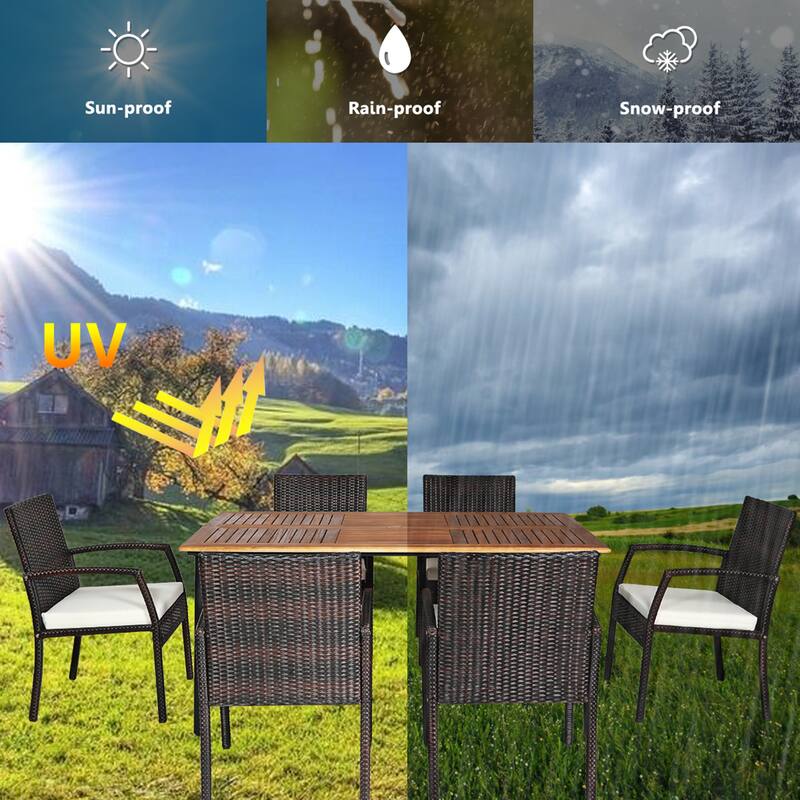 7-pcs Outdoor Rattan Dining Chair and Table Set w/ Umbrella Hole