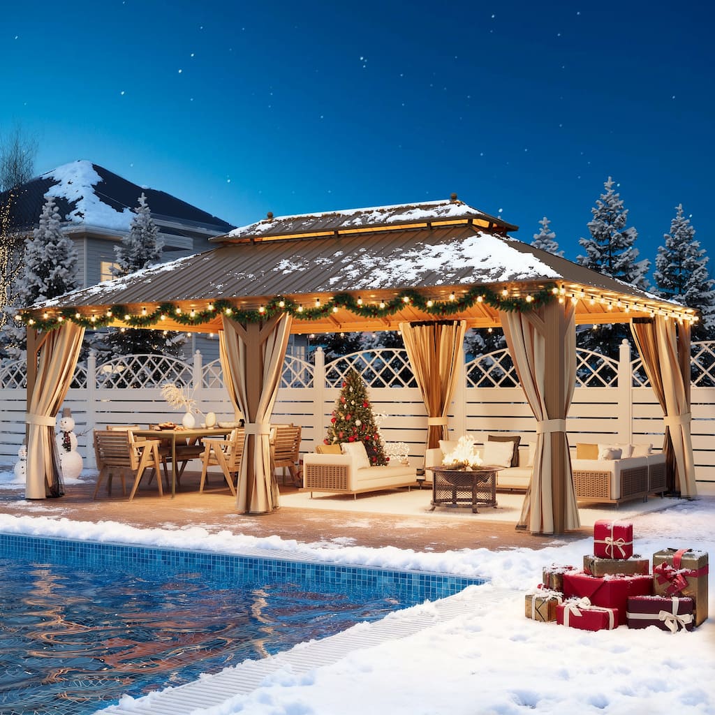 Erommy Hardtop Gazebo with Aluminum Frame and Double Roof, Permanent Outdoor Gazebo Includes Curtains&Netting for Patio Backyard