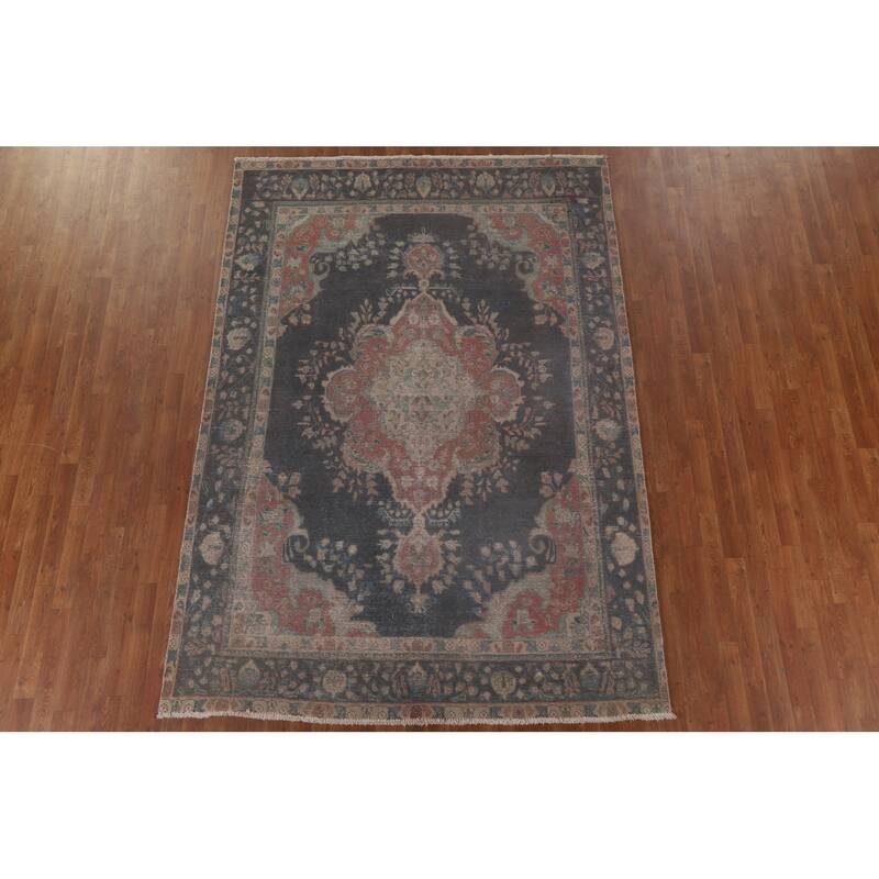 Distressed Over-Dyed Tabriz Persian Antique Rug Handmade Wool Carpet - 6'5" x 9'5"