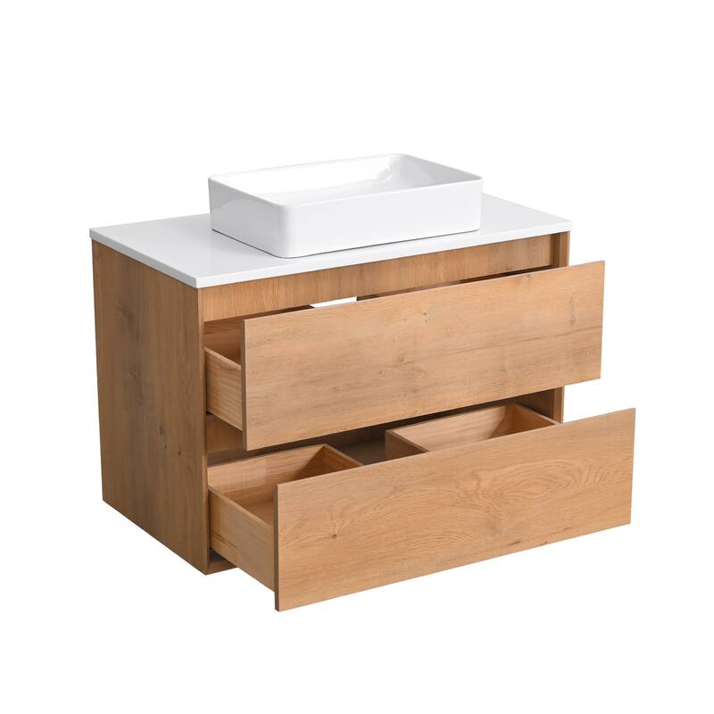 Sylphar 36 inch Toffee Oak Floating Bathroom Vanity with White Quartz Top