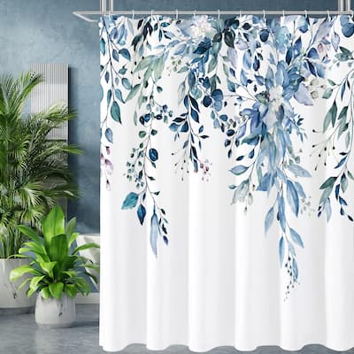 Blue Eucalyptus With Floral Bathroom Shower Curtain Set 72"x72"
