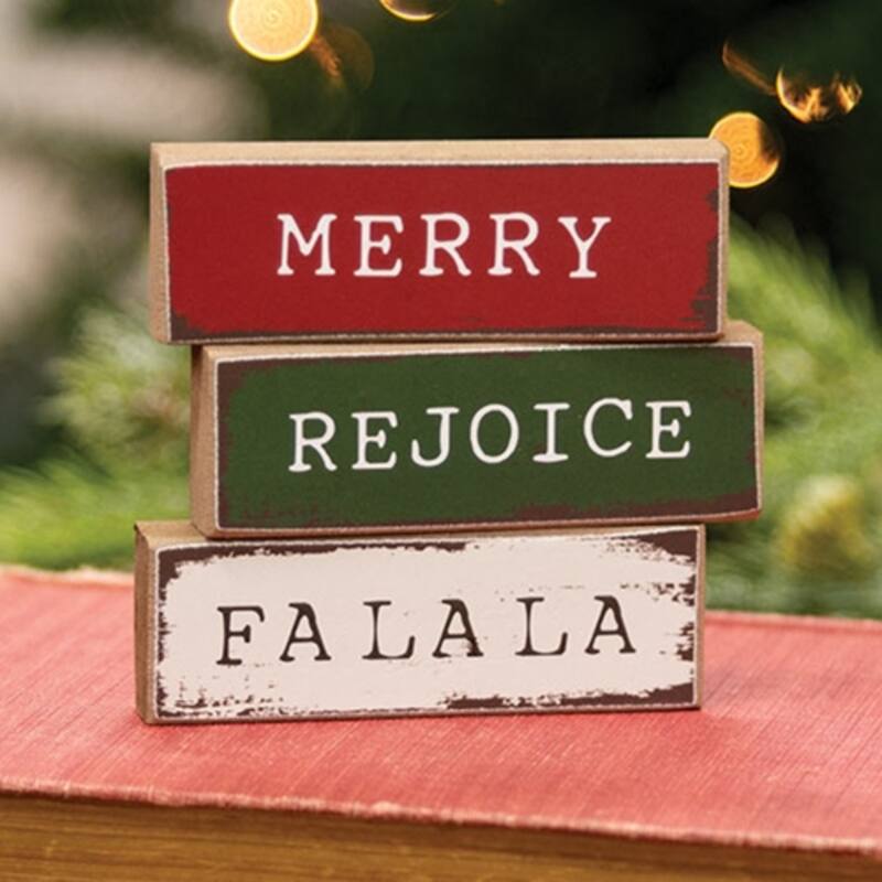 Vintage Holiday Mini Wooden Blocks Set Merry Words Theme- 3 Asstd. - 3" x 0.50" x 1"