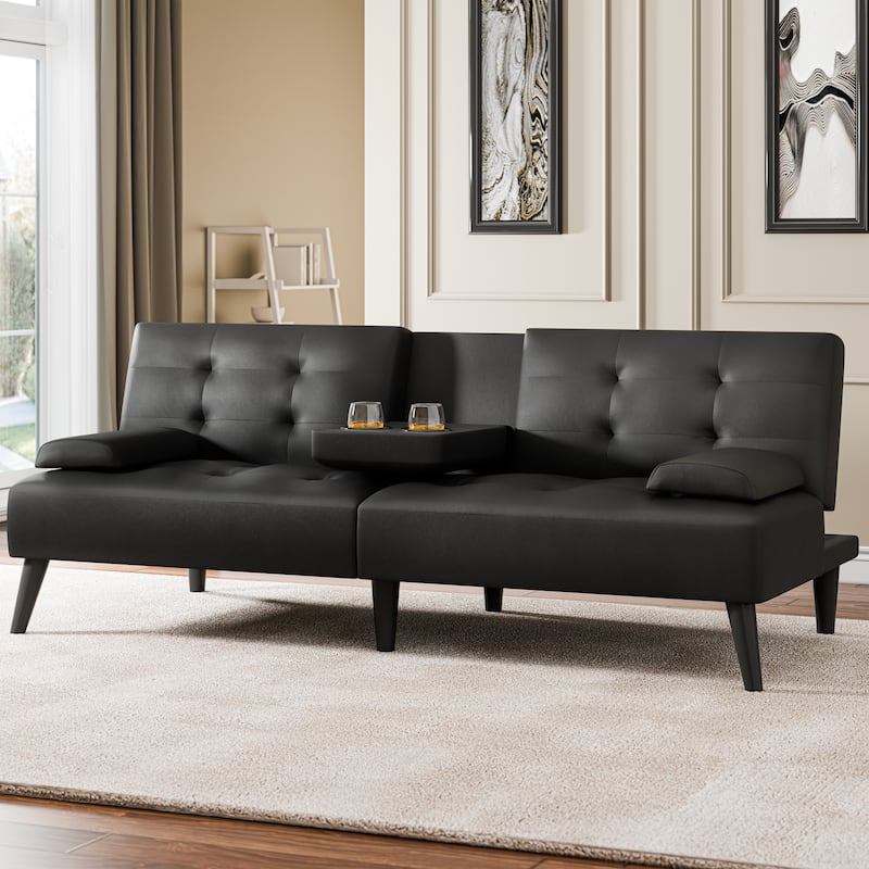64'' Faux Leather Convertible Sofa Bed with Cup Holder