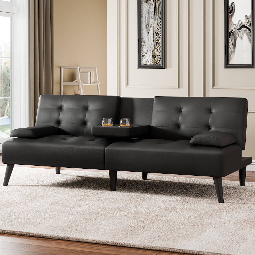 64'' Faux Leather Convertible Sofa Bed with Cup Holder