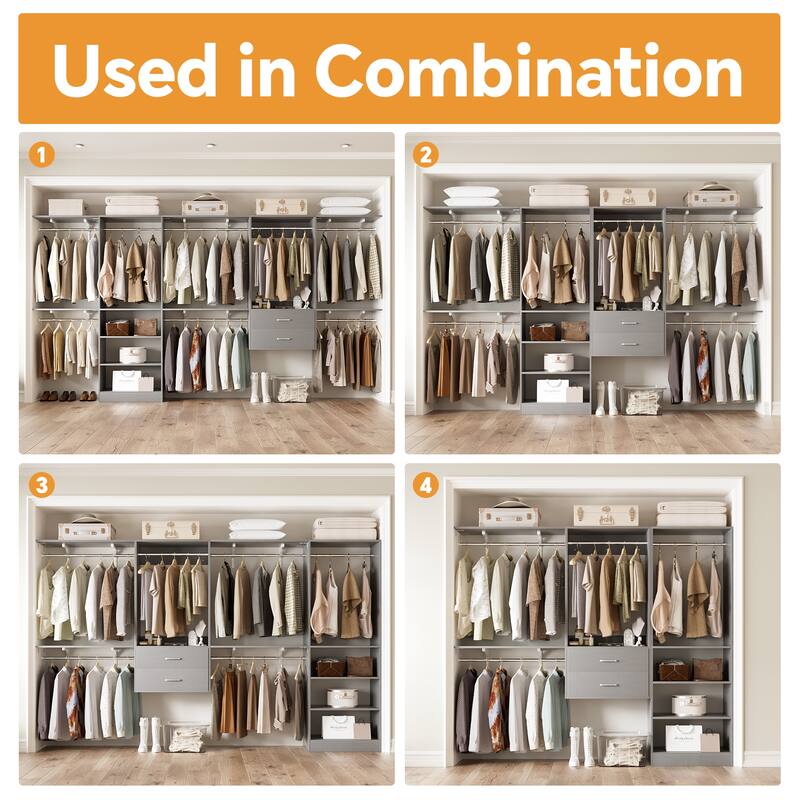 Closet System with 2 Sets, 154'' Walk-in Closet Organizer System with 2 Drawers & 8 Hanging Rods & 6 Reversible Shelf Towers