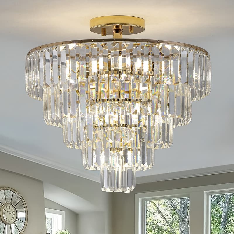 Luxurious Gold Crystal Chandelier, Five-Tier Round Semi-Flush Mount Ceiling Light Fixture, Spacious Modern Elegant Lighting .a - Gold