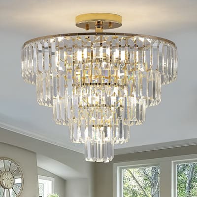 Luxurious Gold Crystal Chandelier, Five-Tier Round Semi-Flush Mount Ceiling Light Fixture, Spacious Modern Elegant Lighting .a