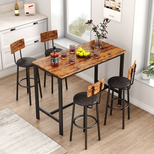 slide 2 of 39, New Style Bar Table Set with Bar Stools PU Soft Seat with Backrest and Footrest ,1 Wooden Table(Set of 3 or Set of 5)