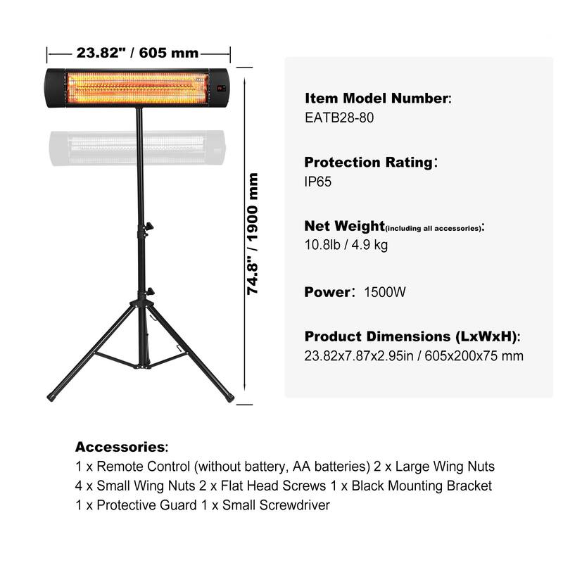 Infrared Heater with Stand & Mount to Ceiling/Wall,24 in L