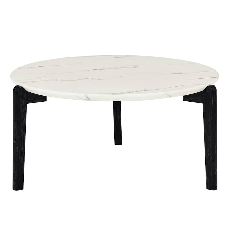 36-Inch Modern Round Coffee Table,Stylish Imitation Marble Top with Durable Rubberwood Legs,Chic Wooden Coffee Table
