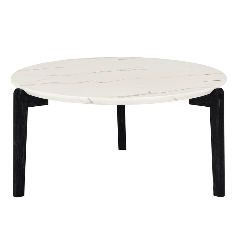 Living Room Coffee Table,36 Inch Round Small Coffee Table,Imitation Marble Tabletop With Rubber Wood Legs,Wooden Coffee Table