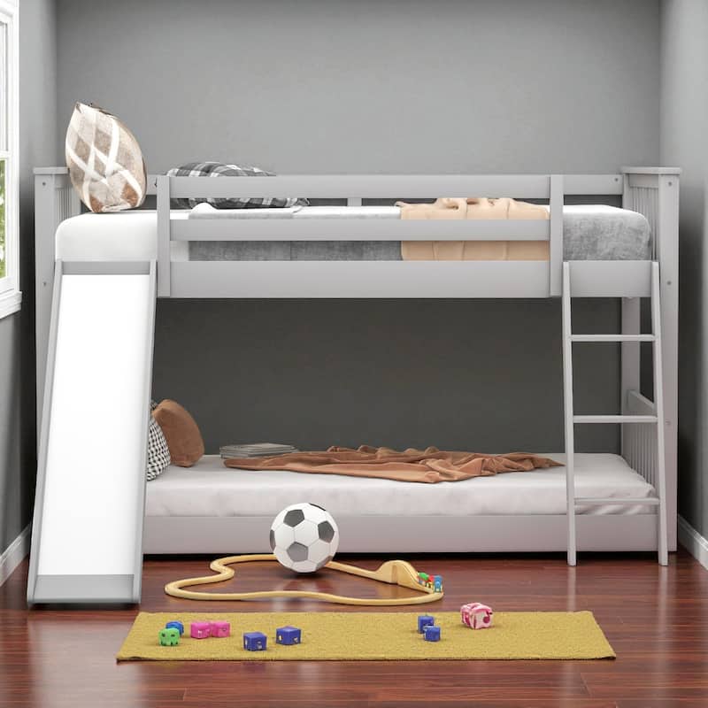 Twin Over Twin / Full Over Full Wooden Bunk Bed with Convertible Slide and Ladder, Guardrails, No Box Spring Needed