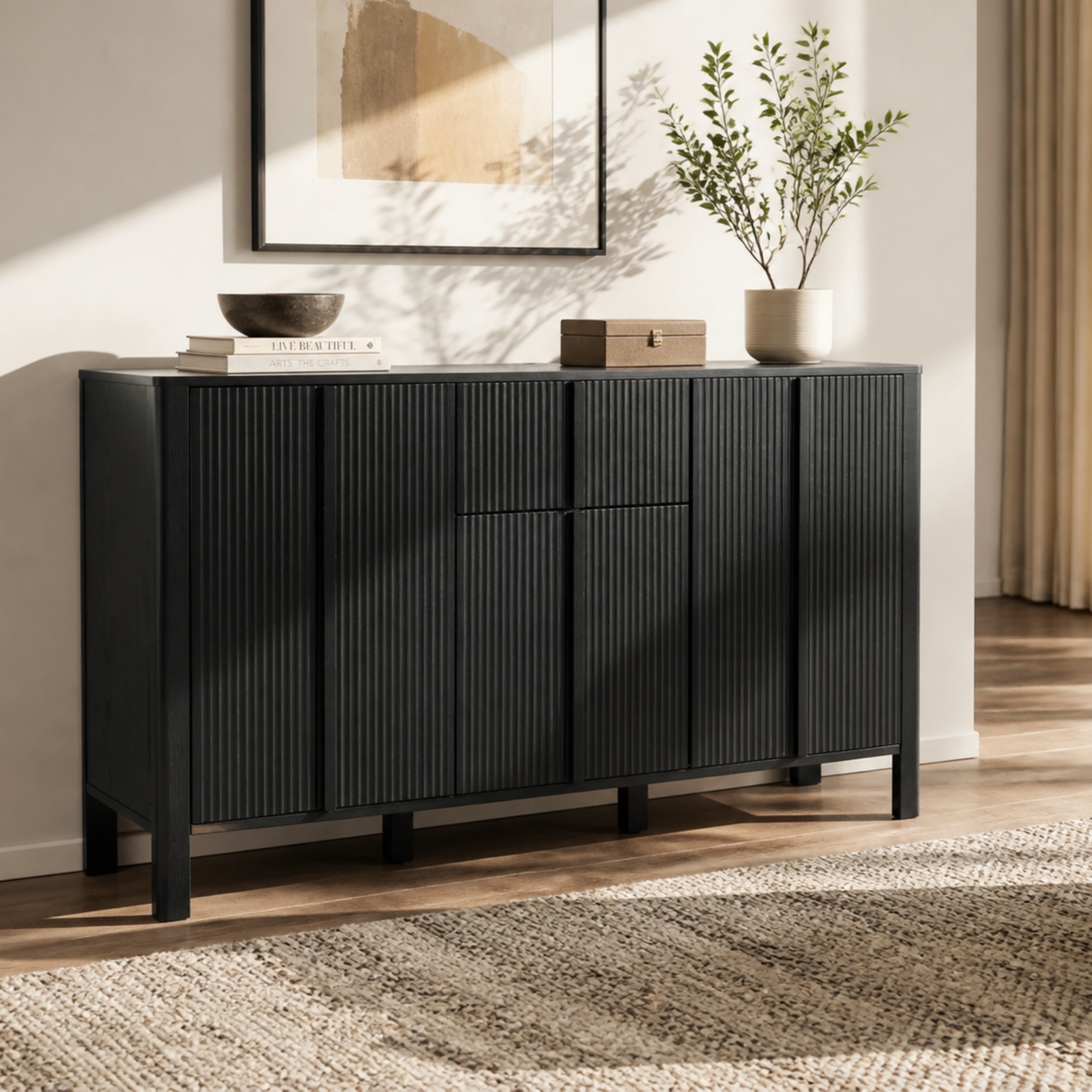 Christopher Knight Home - Hawthorne Sideboard Fluted MDF Storage Credenza with 3 Doors 1 Drawer and Adjustable Shelves