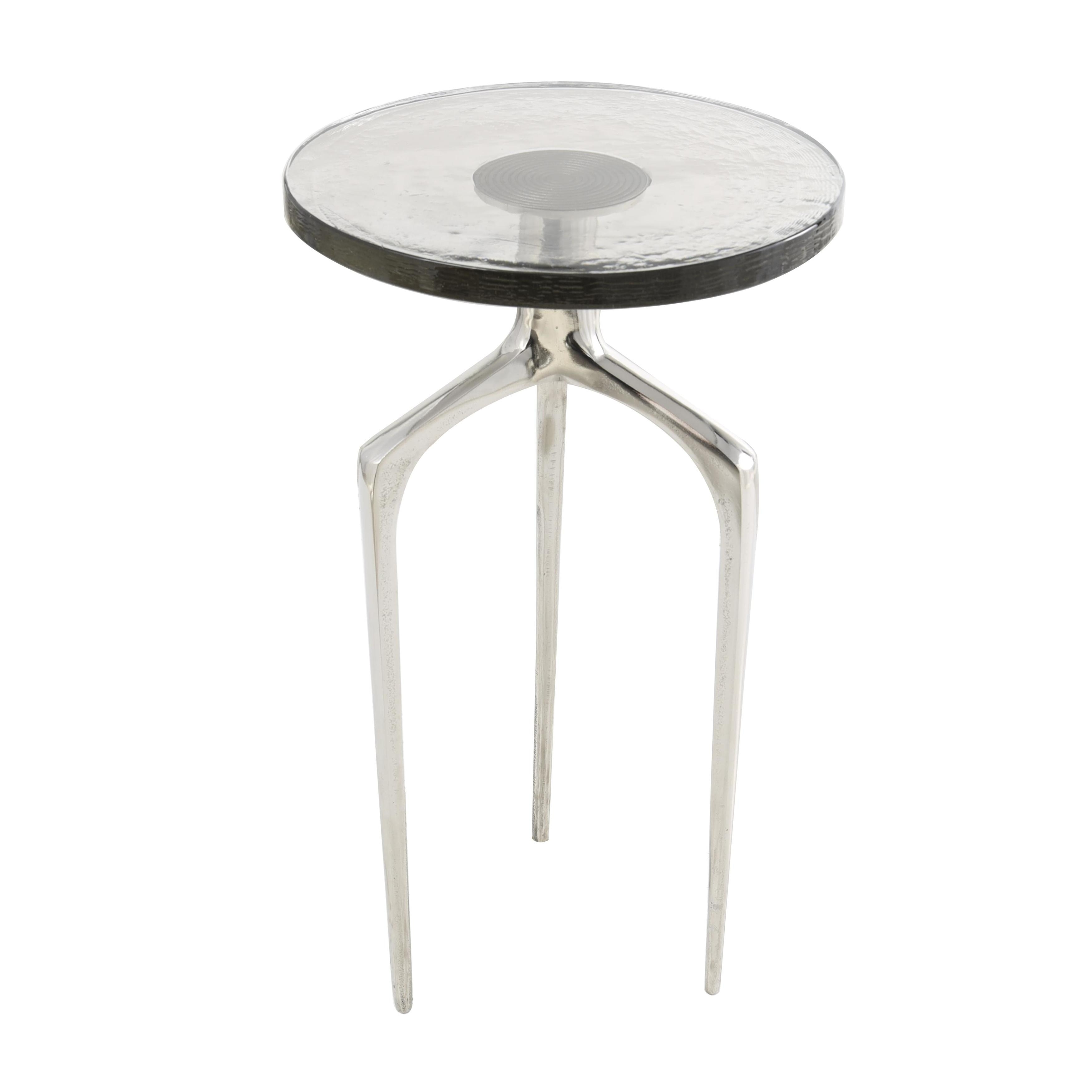 Roche River Decor - Aluminum Metal Small Tripod Accent Table with Textured Glass Tabletop - Silver