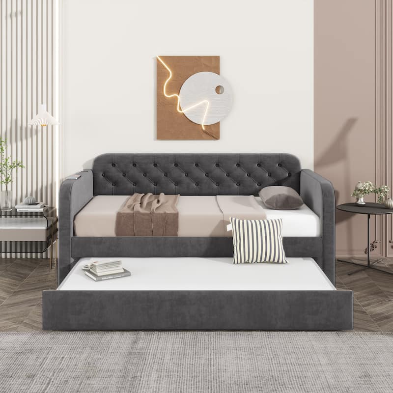 Upholstered Daybed with Trundle and USB Charging Design - Dark Grey