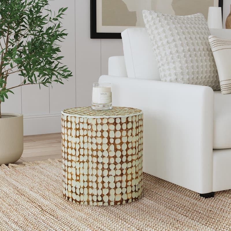 Round Coconut Shell Mosaic Accent Table by East at Main - Green