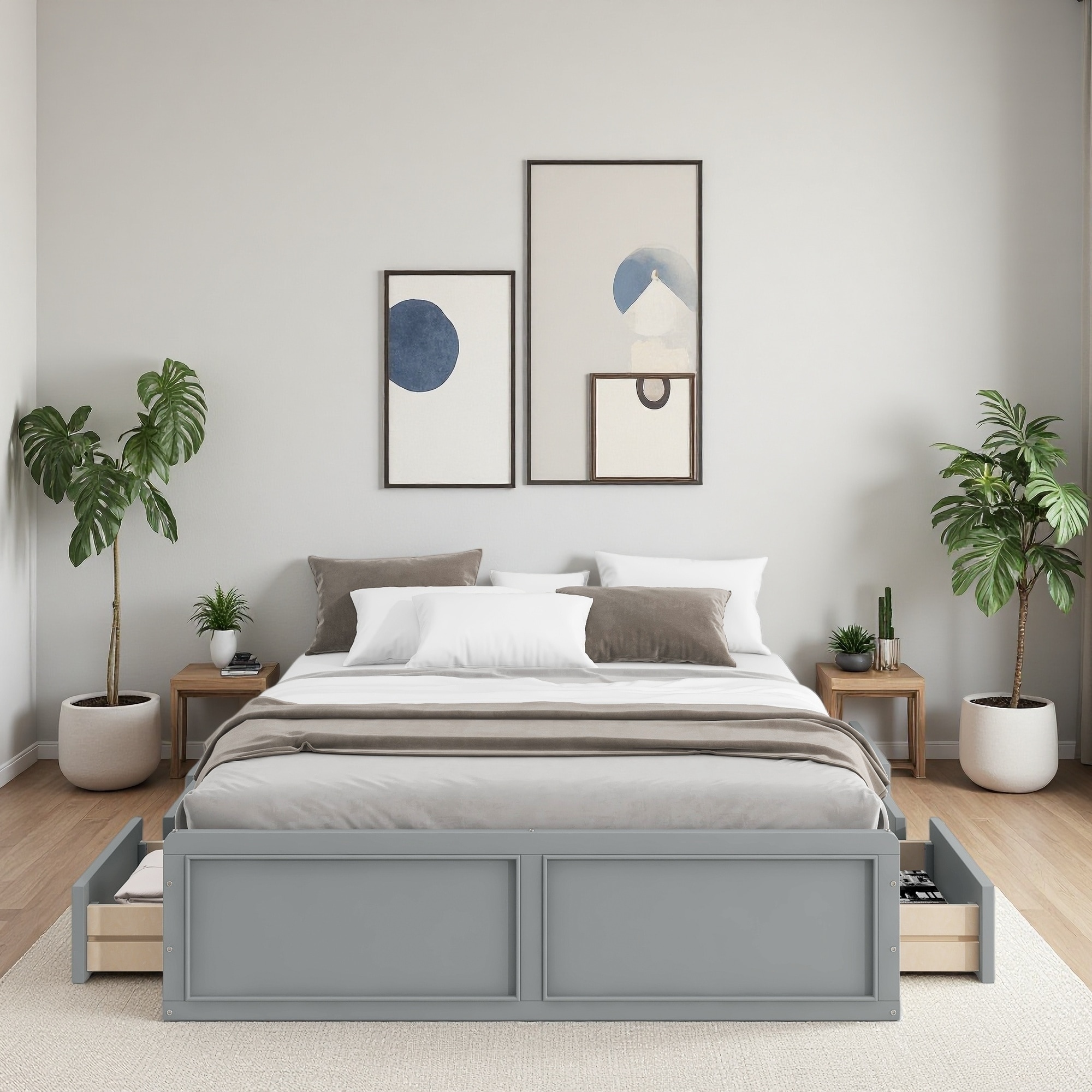 Queen Size Wood Platform Bed Frame with 6 Drawers