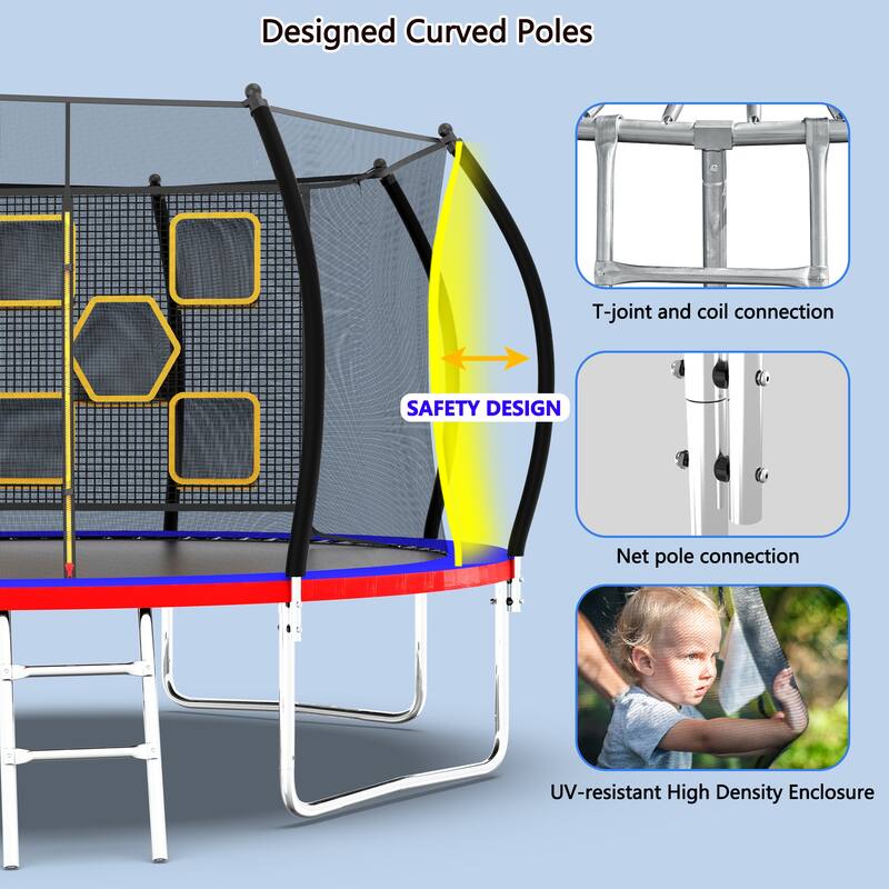 12FT Trampoline, Outdoor Trampolines for Kids and Adults, Recreational Trampoline with Enclosure Net Ladder