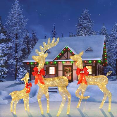 3Pcs Family Elk Decoration with Iron Frame, Courtyard Elk Decoration - Gold
