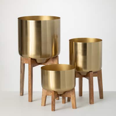 Sullivans Brass Planter Trio On Stands Set of 3, 21"H, 15.5"H & 10"H Gold