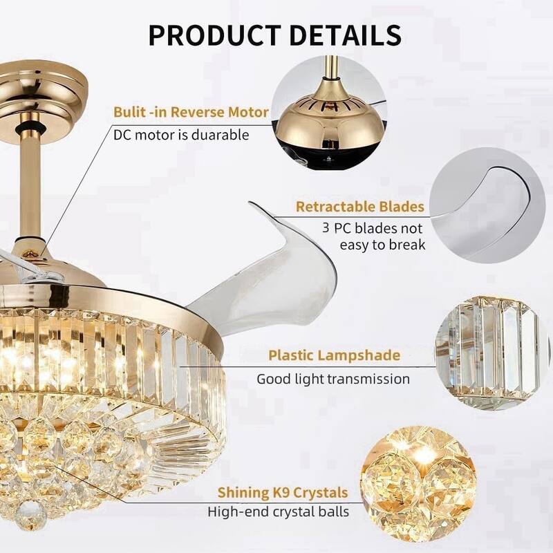 42'' Fandelier Ceiling Fan with Light, Retractable Chandelier Fan LED Dimmable Crystal Ceiling Fan for Bedroom Living Room
