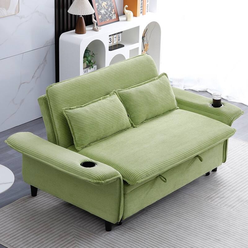 65.7" Corduroy Upholstered Pull-out Sofa With Cup Holder