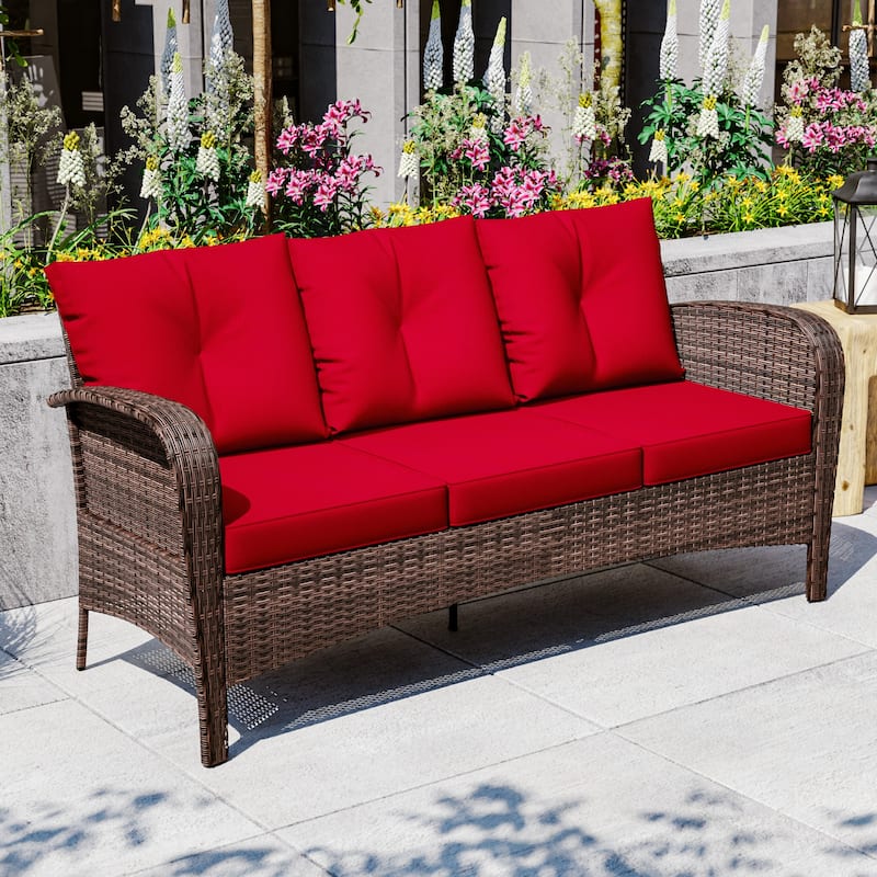 Cozywor 72"Wide 3-Seat Brown Wicker Outdoor Sofa, Couch Patio Sofa with Deep Seating and Thick Cushions, Red
