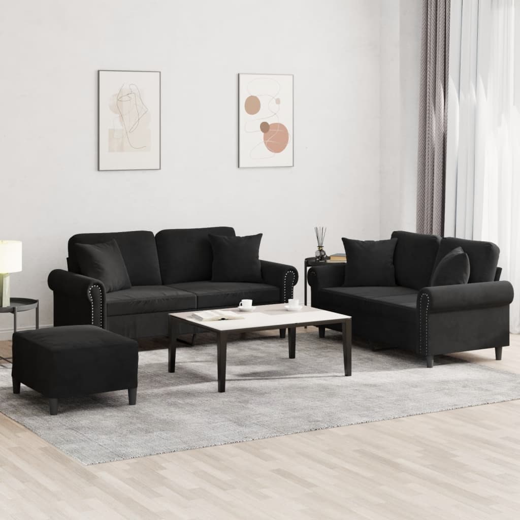 vidaXL Sofa Set Black Velvet, Metal, Plywood Large Sofa Set - 30.3 x 67.7 x 31.5 in