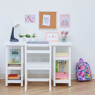 Fantasy Fields - Kids Wooden Desk & Chairs Set - White - 40"W x 17.5"L x 25.5"H