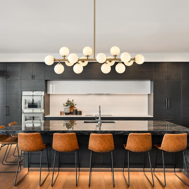 40 in. Linear Mid Century Modern Chandelier 16-Light Gold Brass Sputnik Pendant Light with Frosted Glass Globe for Dining Room