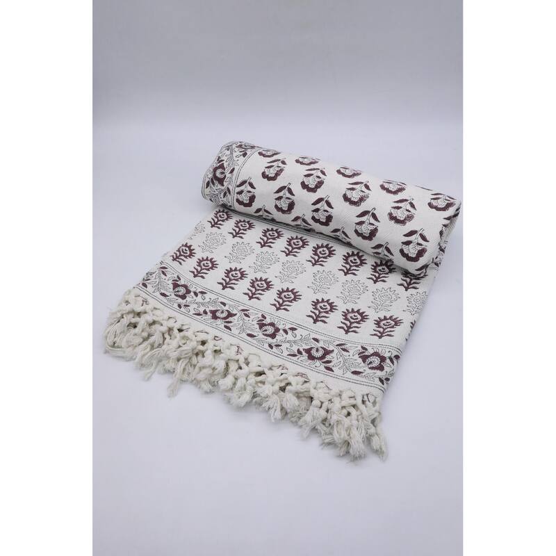 Fabdivine Rohini Handwoven Cotton Blanket- Stylish Block Print Throw for Home Decor & Bed Cover with Handcrafted Fringe, 90"x54"