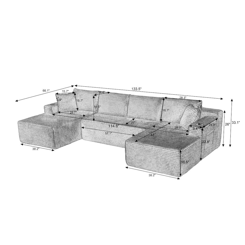 133.5" Compressible Minimalist U-Shaped Sectional Sofa Set with Cup Holders