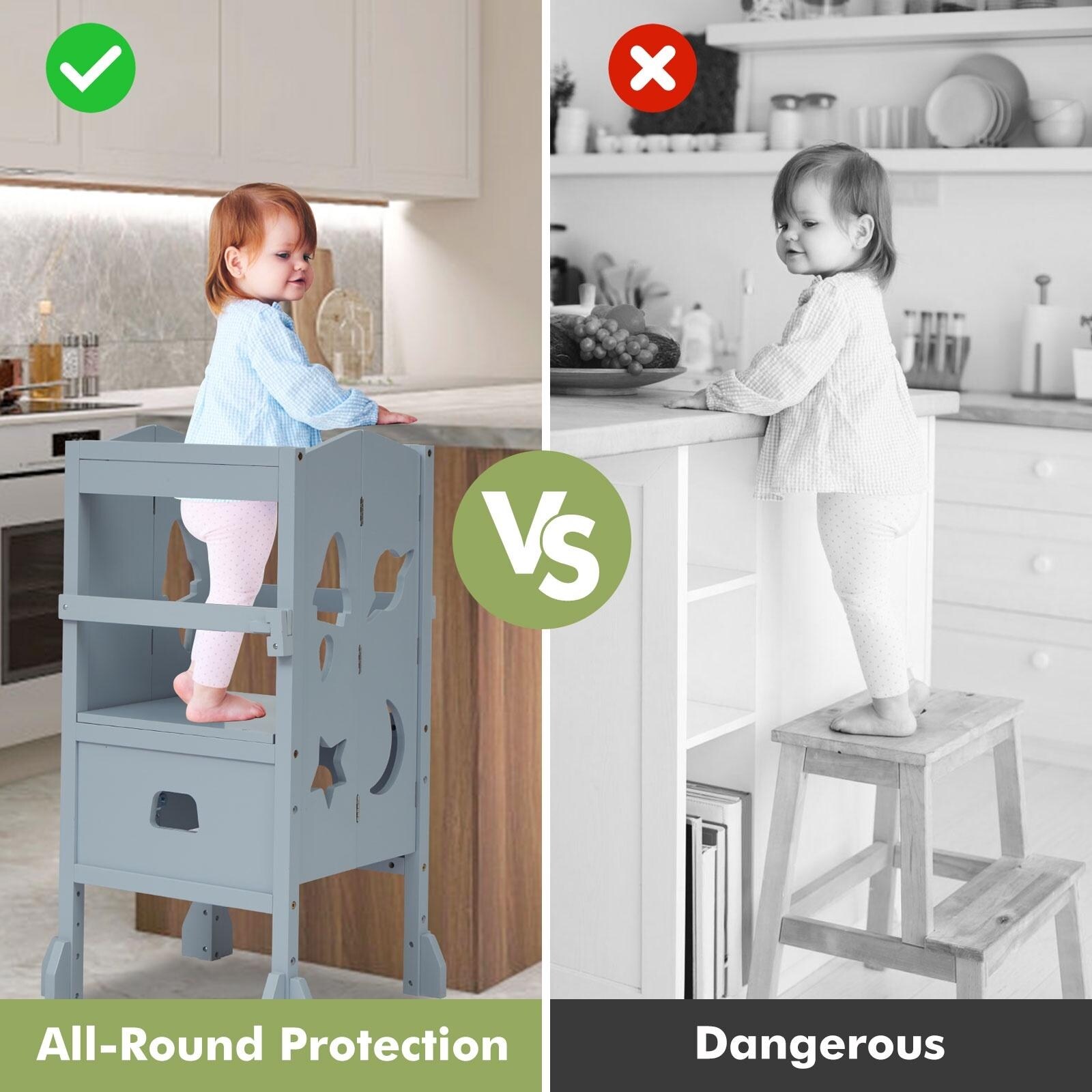 Kinbor Foldable Kitchen Child Standing Tower Learning Step Stool Helper with Safety Rail Drawing Board