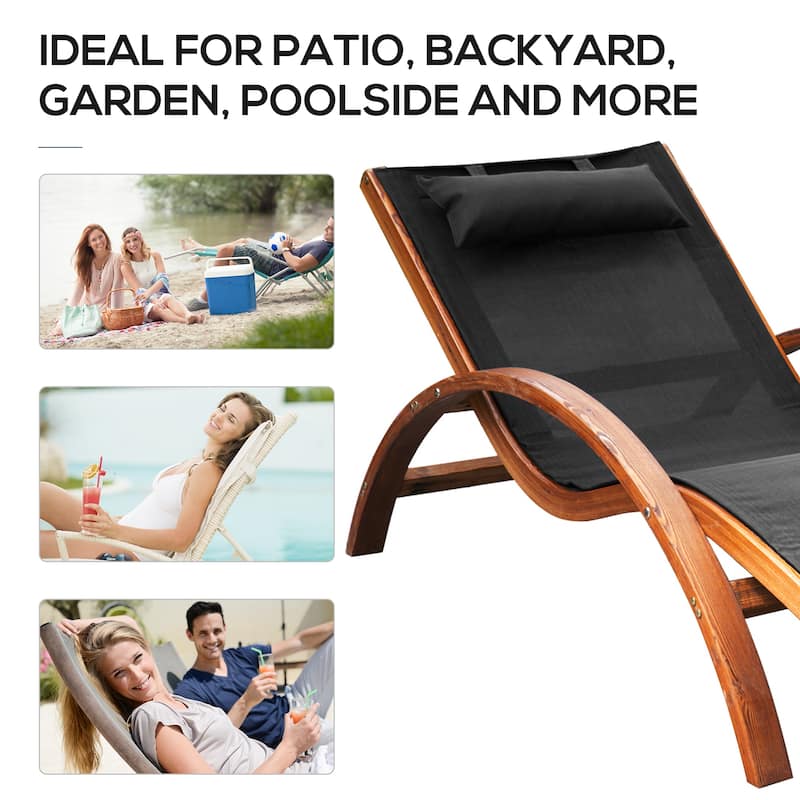 Outsunny Outdoor Chaise Wood Lounge Chair with Pillow, Armrests, Breathable Sling Mesh for Patio, Deck, and Poolside
