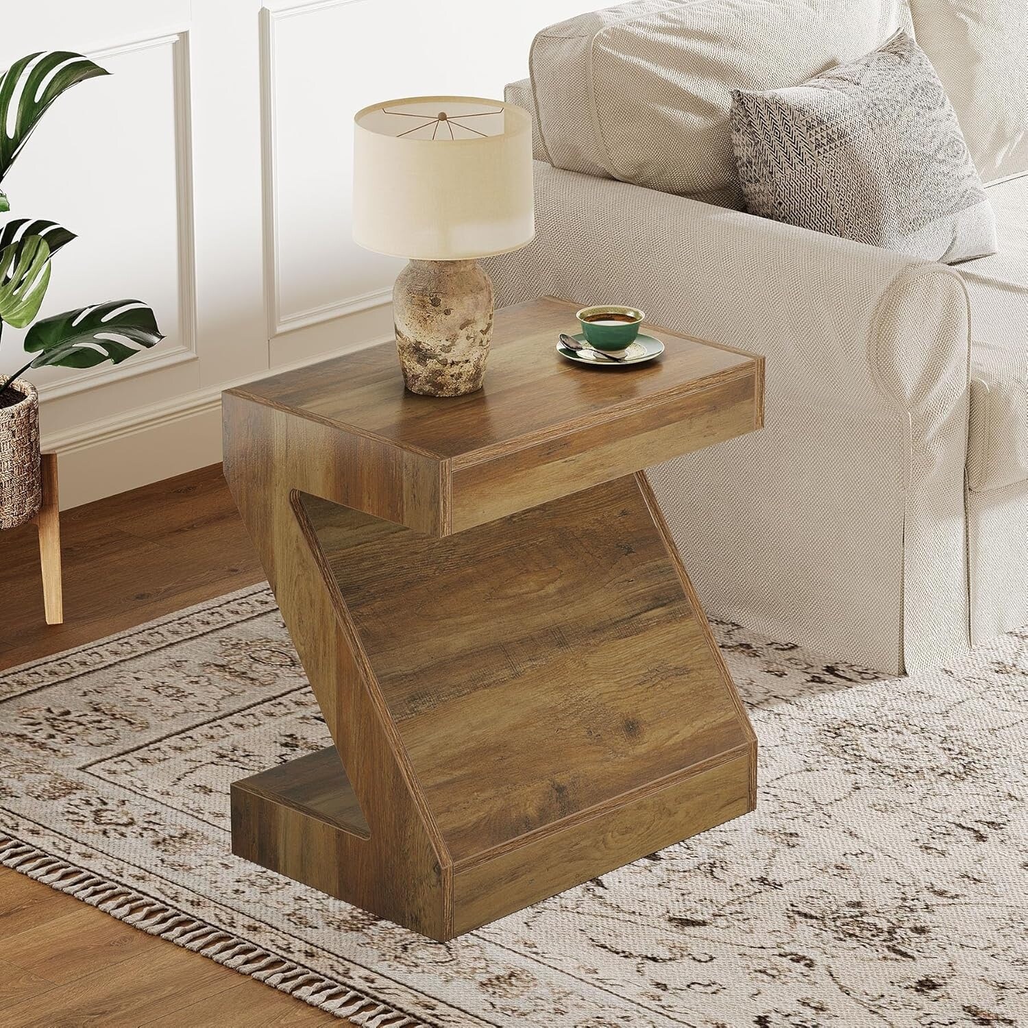 Z-Shaped Wood Side End Table for Living Room - Brown - Bed Bath