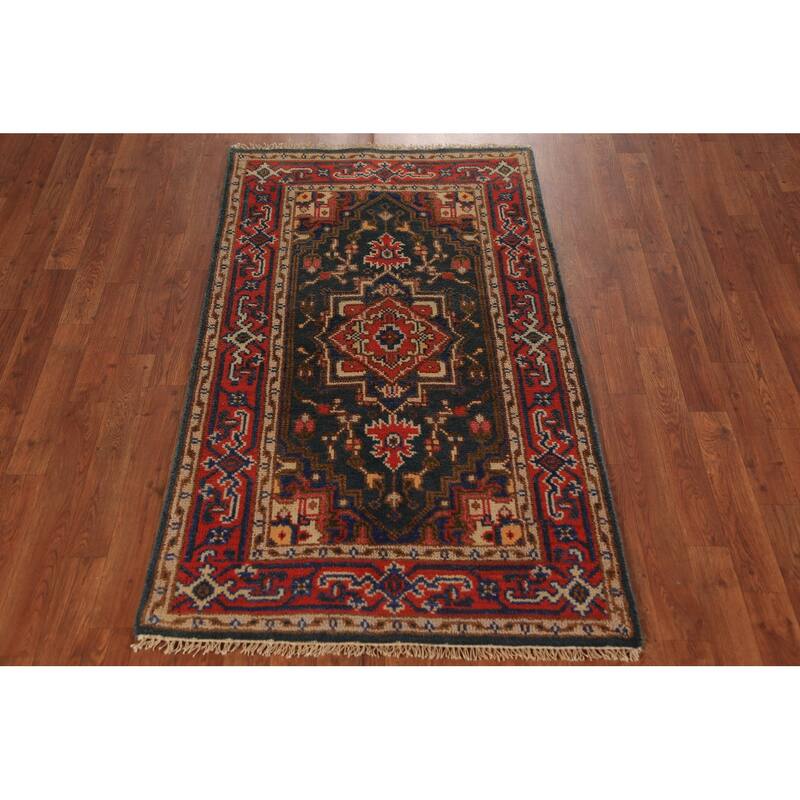 Teal Geometric Heriz Serapi Indian Foyer Rug Handmade Wool Carpet - 2'11"x 5'2"